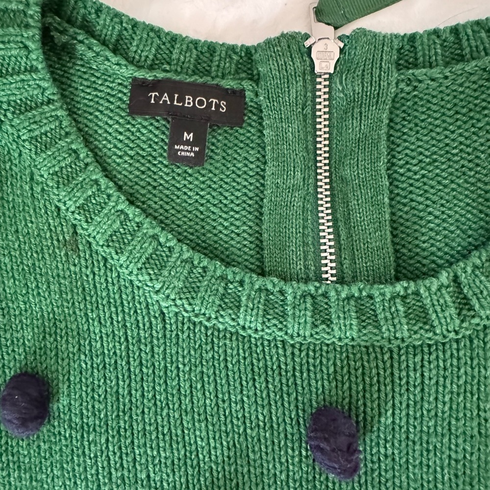 TALBOTS HOLIDAY GREEN SWEATER WITH NAVY POMPOM ACCENTS-MEDIUM - Picture 3 of 6